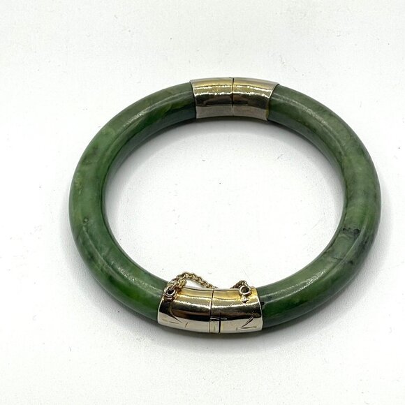Vintage Spinach Green Nephrite Jade Bangle Bracelet Hinged 10K Gold Plate Caps - Picture 2 of 8